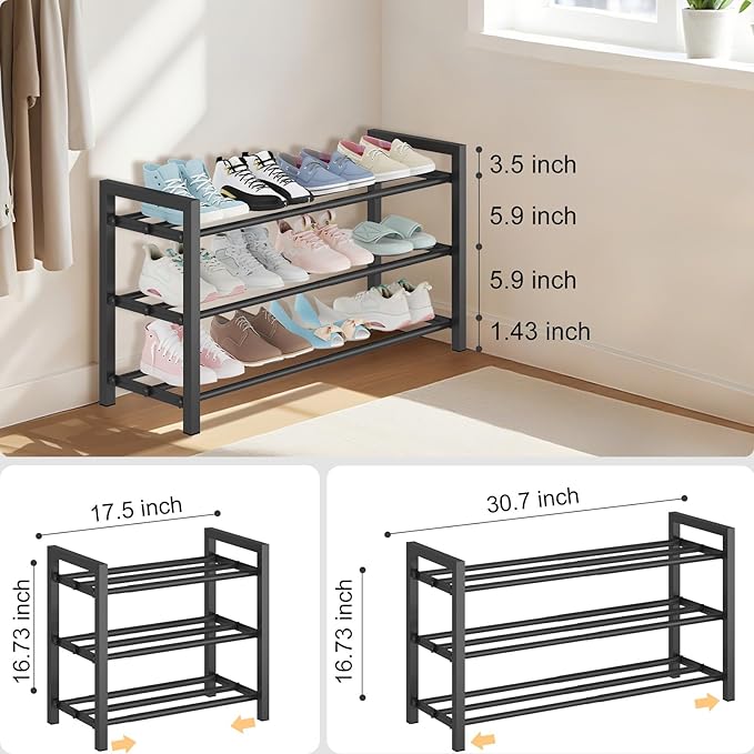 3-Tier Expandable Shoe Rack – Adjustable Heavy-Duty Metal Shoe Organizer Shelf for Closet, Entryway, Mudroom & Garage – Durable Freestanding Storage, Black