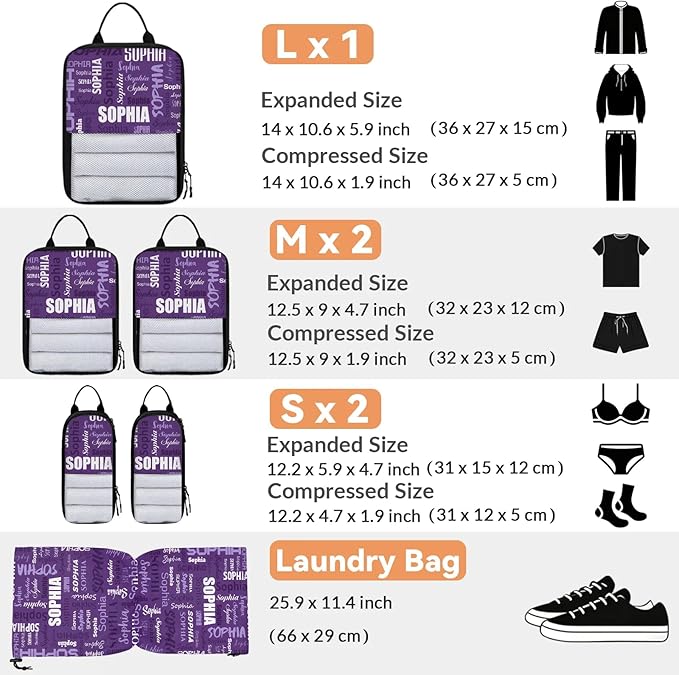 Personalized 6 Set Compression Packing Cubes for Travel Essentials with Name Customized Lightweight Carry on Expandable Luggage Organizer Bags for Women and Men, Purple