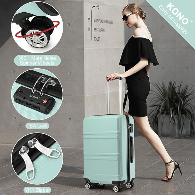Kono 24 Inch Luggage Suitcase with Spinner Wheels TSA Lock Lightweight PC+ABS Hardside Medium Checked Luggage Durable Rolling Suitcase Mint Green