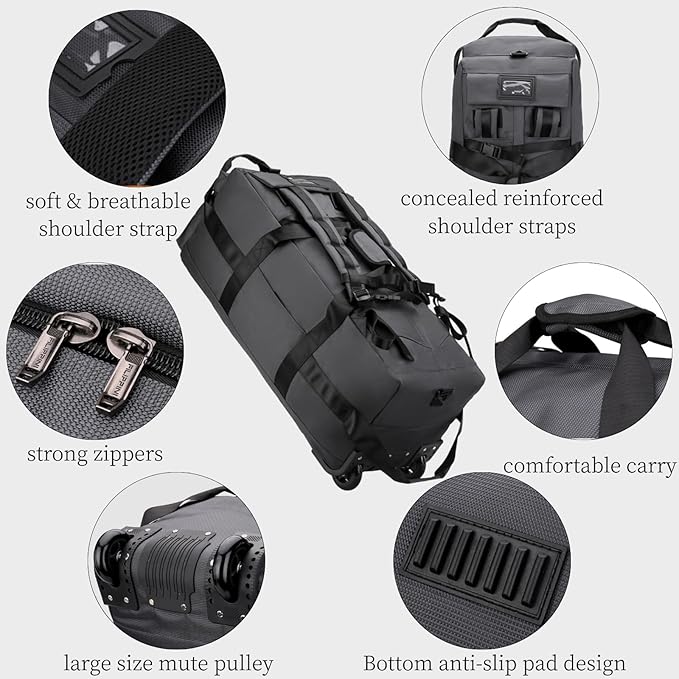 Rolling Duffle Bag with Wheels, 92L 34” Folding Duffle Backpack Soft-Sided with 2 Wheels, 6-way Carry-On Large Travel Bag Men/Women Multiple Pockets for Long Trip, Grey