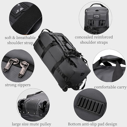 Rolling Duffle Bag with Wheels, 92L 34” Folding Duffle Backpack Soft-Sided with 2 Wheels, 6-way Carry-On Large Travel Bag Men/Women Multiple Pockets for Long Trip, Black