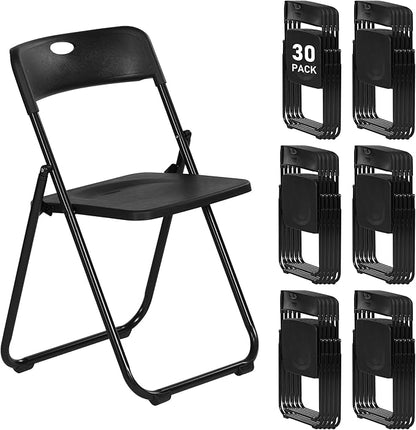 30 Pack Black Plastic Folding Chairs, Indoor Outdoor Portable Stackable Commercial Seats with Steel Frame for Home Office Wedding Party Events Kitchen Dining, 350lb Capacity
