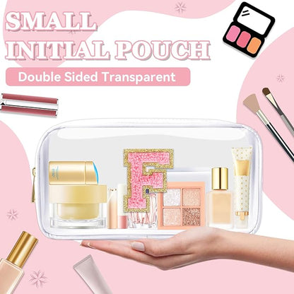 Small Clear Personalized Initial Makeup Bag,Nylon Preppy A-Z Chenille Letter Patch Cosmetic Pouch Beach Toiletry Bag,Waterproof Zipper Travel Purse Storage Bag Organizer for Women Girls(White-Pink F)