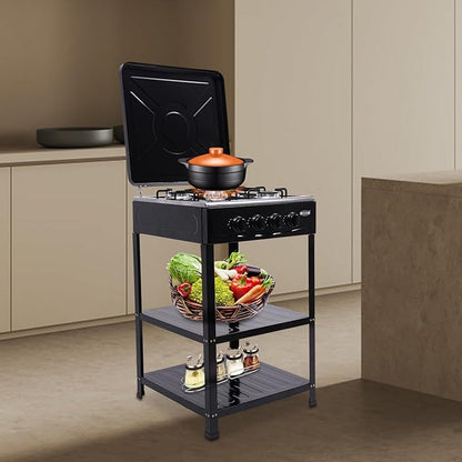 Propane Gas Stove, 4 Burner Propane Burner, Auto Ignition Portable Gas Stove with Support Leg Stand and Wind Blocking Cover Adapter for Rv Apartment Outdoor Cooking (Black)