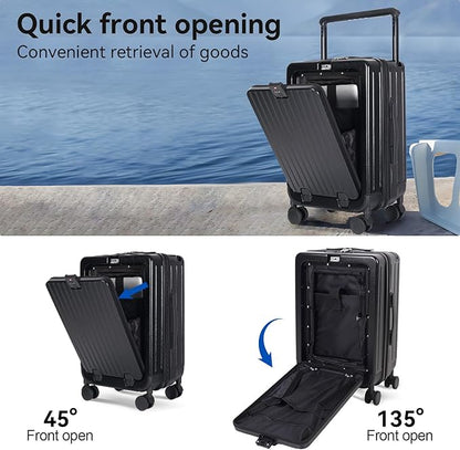 SOKOK Front Pocket Luggage with Spinner Wheels, 24'' Wide Handle Travel Suitcase PC Hardshell Multifunctional Luggage with Charging Port and Cup Holder, Black