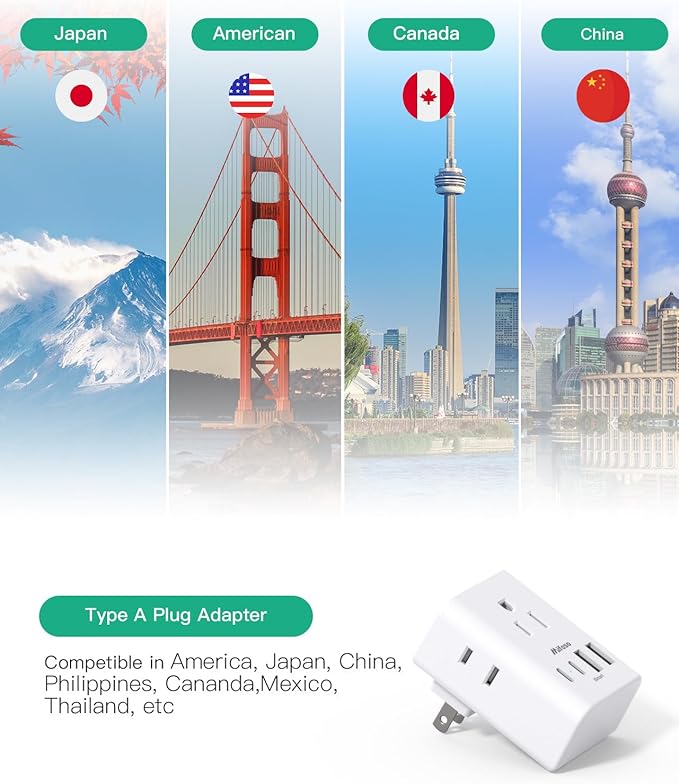2 Pack US to Japan Plug Adapter, Japan Power Travel Adapter with 4 Outlets 4 USB Ports(2 USB C), Type A Travel Power Converter Plug Adaptor for USA to Japanese China Canada Mexico Philippines Peru