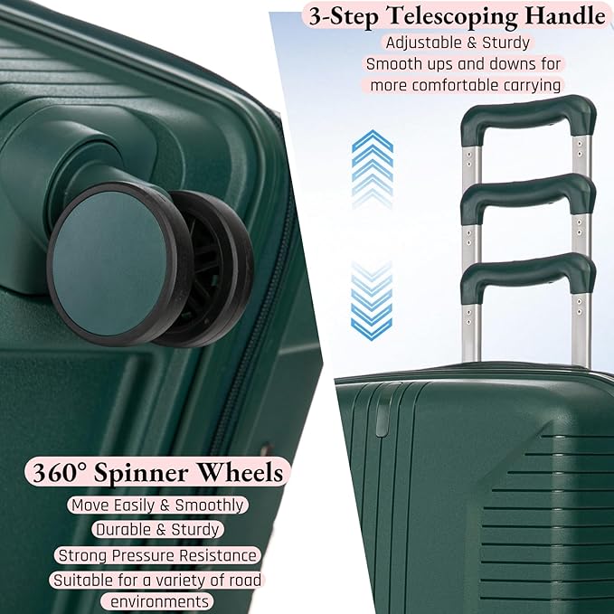 3-Piece PP Hard Shell Spinner Luggage Set (20" 24" 28") with Combination Lock, Adjustable Pull Rod Suitcases, Eemerald