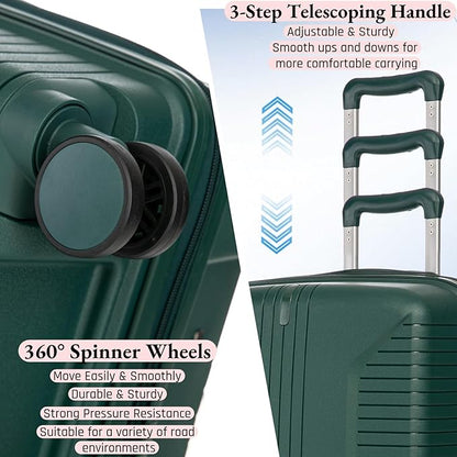 3-Piece PP Hard Shell Spinner Luggage Set (20" 24" 28") with Combination Lock, Adjustable Pull Rod Suitcases, Eemerald