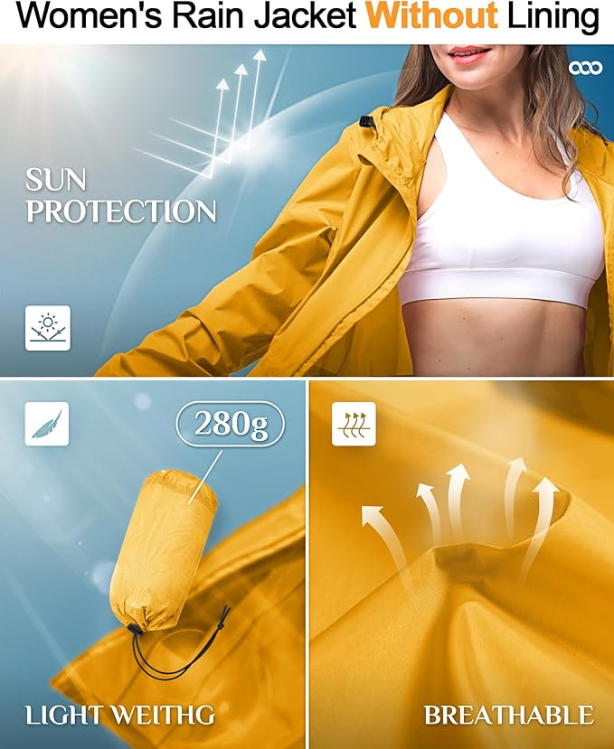 33,000ft Women's Waterproof Long Rain Coats Packable Rain Jacket with Hood Trench Coats Windbreaker