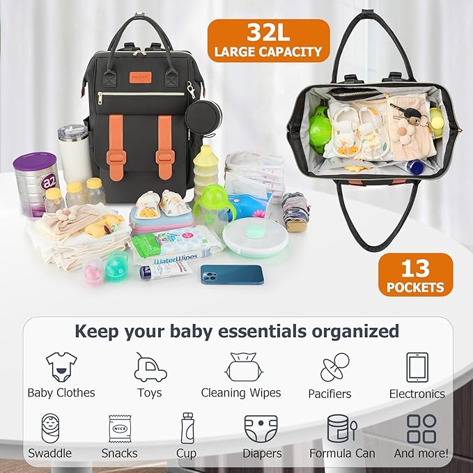 PIIOSER Diaper Bag Tote with Ice Pack, Large Capacity & Waterproof Bag Travel Backpack for Moms Dads, Insulated Insulated Baby Cooler Bag with Changing Pad, Stroller Straps & Pacifier Case, Black