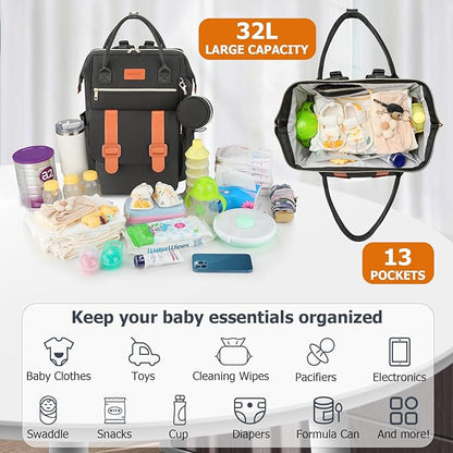 PIIOSER Diaper Bag Tote with Ice Pack, Large Capacity & Waterproof Bag Travel Backpack for Moms Dads, Insulated Insulated Baby Cooler Bag with Changing Pad, Stroller Straps & Pacifier Case, Black