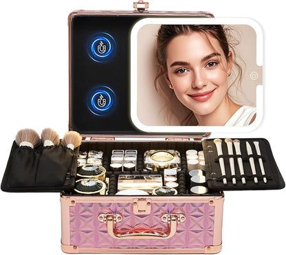 Makeup Box with Detachable Lighted Mirror–Travel Train Case, Cosmetic Storage Organizer & Makeup Suitcase with Adjustable Dividers & Magnetic LED Mirror (Pink)