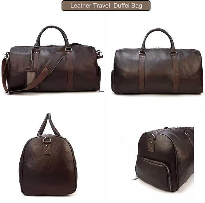 Leather Travel Bag Large Capacity Luggage Duffel Bag with Shoe Compartment, Men Women Weekend Shoulder Handbag for Holiday Business Trip (55cm-Brown)