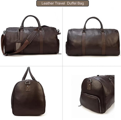 Leather Travel Bag Large Capacity Luggage Duffel Bag with Shoe Compartment, Men Women Weekend Shoulder Handbag for Holiday Business Trip (55cm-Brown)