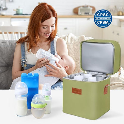 PIIOSER Breastmilk Cooler Bag with Ice Pack Fits 6 Baby Bottles Up to 9 Ounce, Insulated Baby Bottle Tote Bags, Double Layer Waterproof Leak-Proof with Shoulder Strap for Nursing & Working Mom (Green)