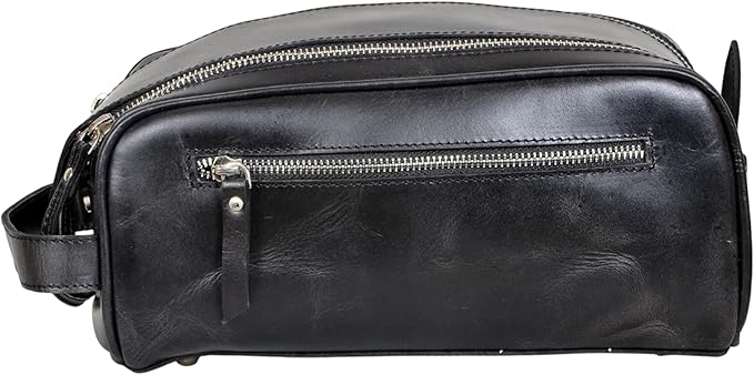 10.5" Premium Buffalo Leather Unisex Toiletry Bag Travel Pouch Kit With Shaving kit Accessories 3 Leather items :Shaving Brush Case, Razor Protective Travel Case (Black)