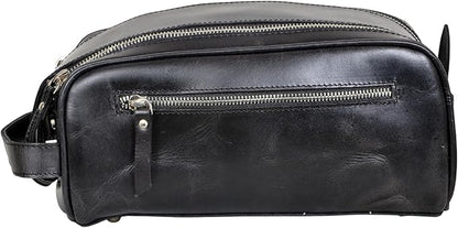 10.5" Premium Buffalo Leather Unisex Toiletry Bag Travel Pouch Kit With Shaving kit Accessories 3 Leather items :Shaving Brush Case, Razor Protective Travel Case (Black)