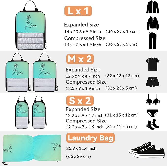 Custom 6 Set Compression Packing Cubes with Name Personalized Compressible Expandable Packing Organizers Luggage Carry On Suitcase Bags Travel Accessories Gifts, December Flower