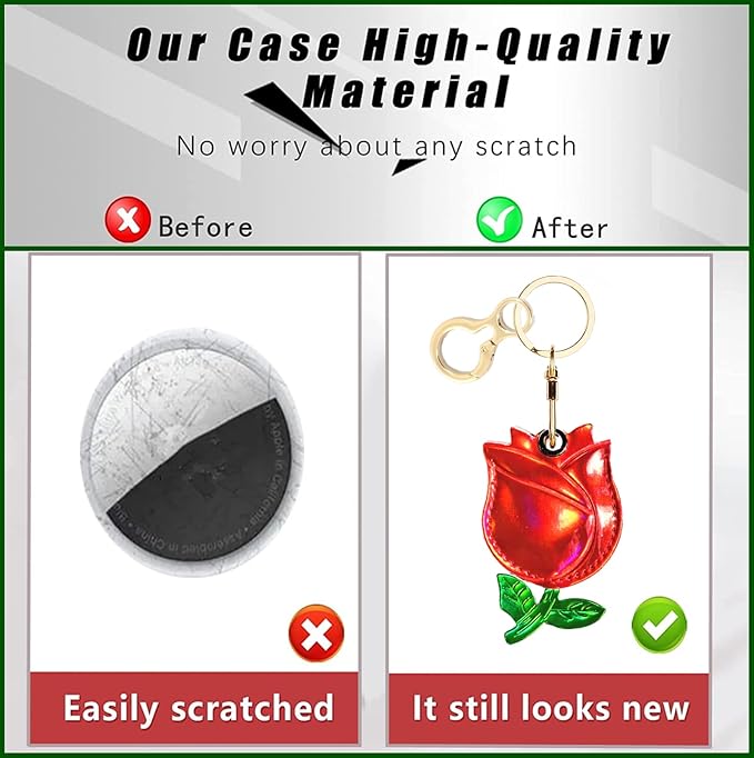 Leather Keychain Holder Case Compatible with AirTag,Cute Protective Shiny Charm Cover with Keyring,Anti-Scratch Finder GPS Tracker Case for Wallet Keys,Bag,Pets(Red Rose)
