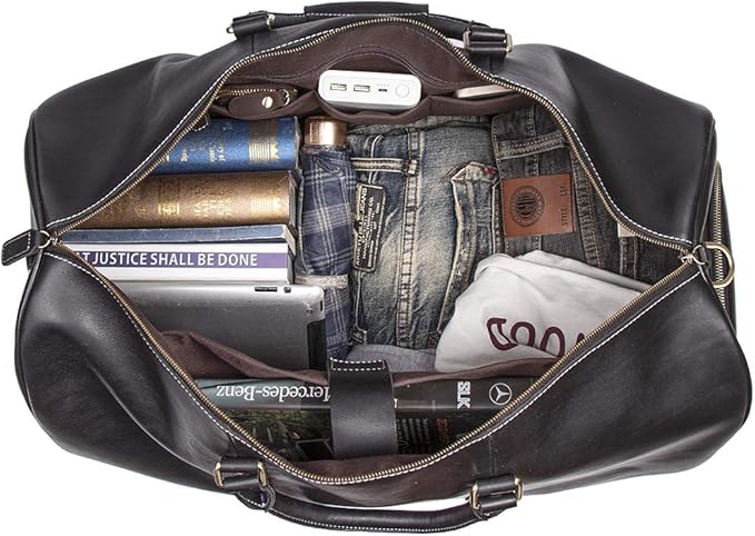 24 Inch Leather Travel Weekend Luggage Bag, Mens Duffle Retro Carry on Handbag (Black)