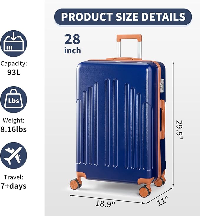 Karl home 28 Inch Check-in Luggage with Spinner Wheels, ABS Hardshell Checked Suitcase with TSA Lock, Durable Large Suitcase Rolling Luggage for Men Women, Navy Blue & Brown