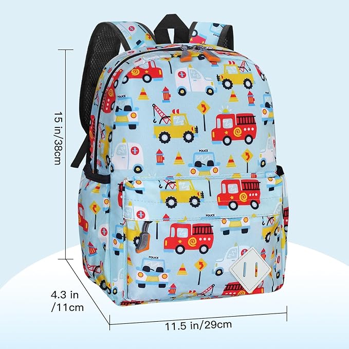 Kids Backpack for Girls Boys - 15 Inch Cute Cars Little Kids Backpack Waterresistant Toddler Preschool Kindergarten School Bag for Aged 3-8, Light Blue