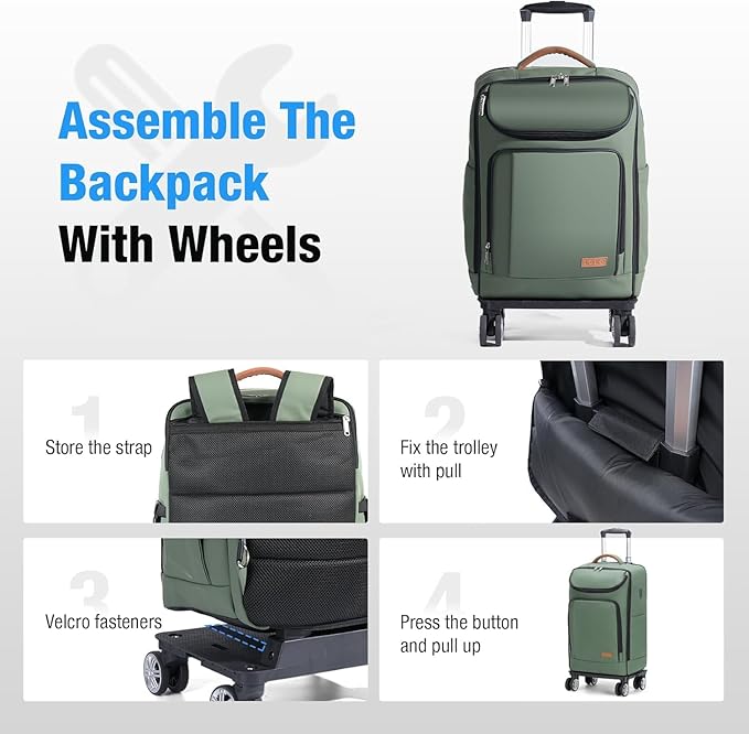 Lekebobor Travel Rolling Backpack, 18 inch Waterproof Bag with 360° Wheels for 15.6" Laptop, Convertible Airline Approved Travel Back Pack for Men & Women, Business, Commuter