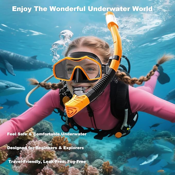 Snorkeling Gear for Adults,Dry-Top Snorkel Mask Set with Tempered Glass,Anti-Fog & Anti-Leak Panoramic Swim Mask,Adjustable Snorkel Kit with Carry Bag for Scuba Diving,Swimming,Travel