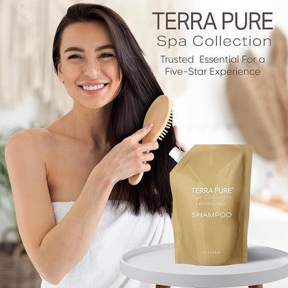 Terra Pure Spa Collection 1 Liter Shampoo Refill Bag For Soap Dispensers | Bulk Toiletries for Vacation Rentals, and Home Bathroom Showers | Green Tea Lemongrass | Set of 12