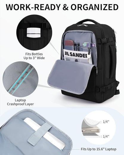 ECOHUB 17" Small Unisex Travel Backpack United Airline Approved 17x10x9 Friendly Suitcase Anti-Theft Lockable Zippers Style Personal Item Bag Travel Essentials with 12 Pockets Water Resistant, Black