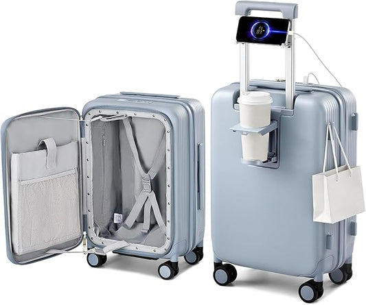 Hanke 20 Inch Expandable Carry On Luggage Airline Approved Top Opening Travel Luggage Rolling Suitcase with Cup Holder Hard Shell Suitcases with Wheels (Grey)