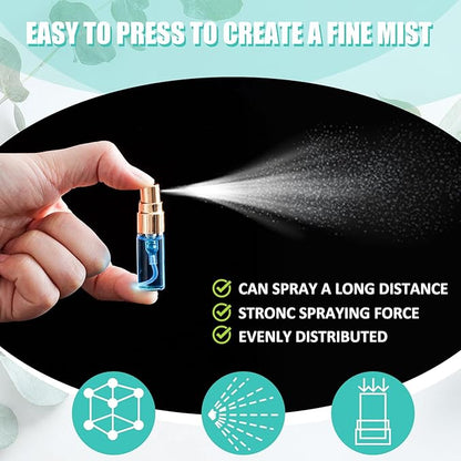 Zhehao 50 Pcs Mini Spray Bottles 3 ml Clear Glass Perfume Bottles Refillable Fine Mist Perfume Atomizer Portable Empty Sample Containers for Cleaning, Essential Oils, Travel (Gold Cap)