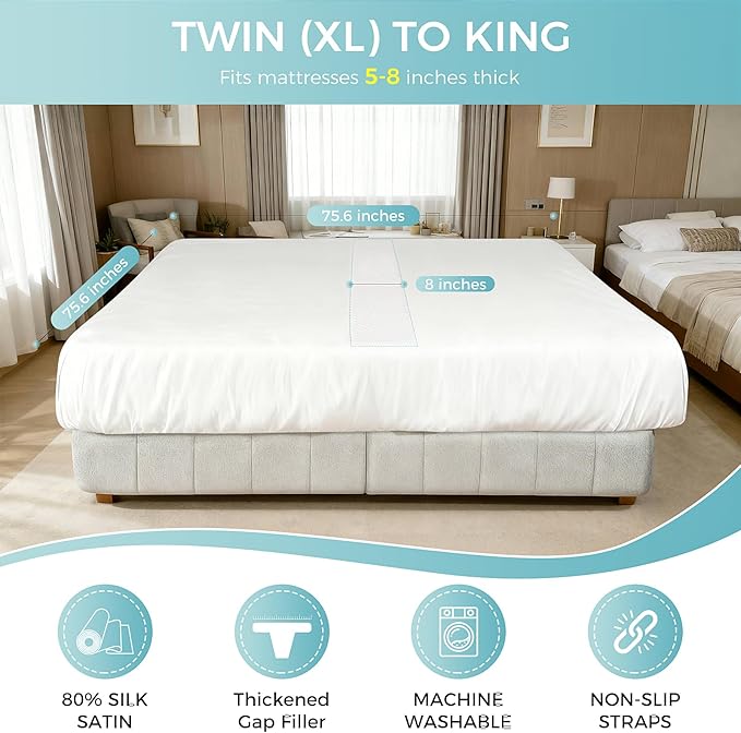 Sheet-Style Bed Bridge Connector for Twin to King Mattresses - Removable Foam Gap Filler with Locking Straps (Also Fits Twin XL/King)