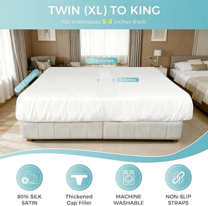 Sheet-Style Bed Bridge Connector for Twin to King Mattresses - Removable Foam Gap Filler with Locking Straps (Also Fits Twin XL/King)
