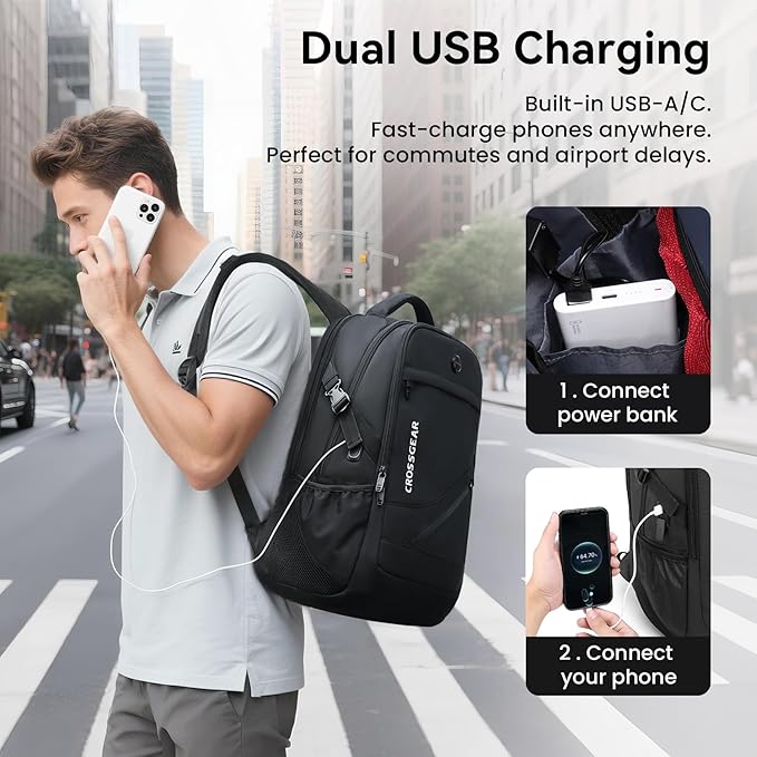 CROSSGEAR Laptop Backpack for Men, 17.3 Inch Large Travel Backpack with Anti-theft Lock, Water Resistant Business Computer Backpack with USB Charging Port, Breathable Padded, Casual Daypacks