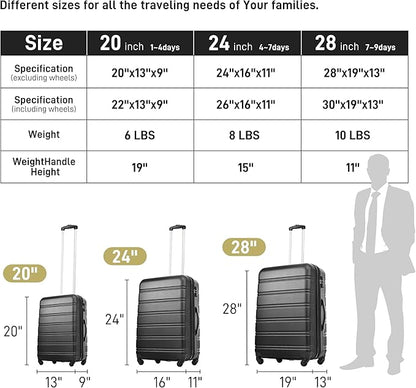 Merax Luggage Sets of 3 Piece Carry on Suitcase Airline Approved,Hard Case Expandable Spinner Wheels (Black)