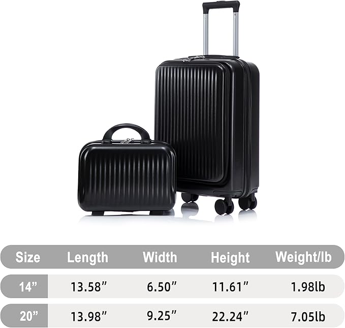 Merax Carry On Luggage,20 Inch Hardside Suitcase with 14 Inch Cosmetic Case, Front Opening Luggage Set with Spinner Wheels TSA Lock,Airline Approved,Black
