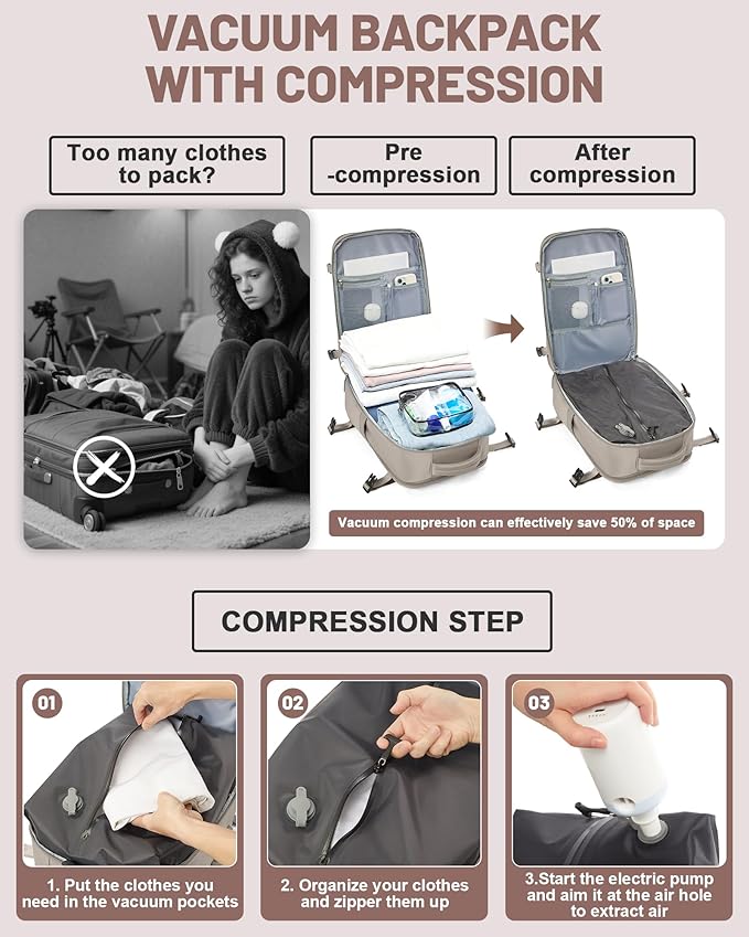 Vacuum Backpack With Pump Large Travel Laptop Backpacks For Women Men Carry On Backpack Vacpack Backpacks With Vacuum Compression Brown
