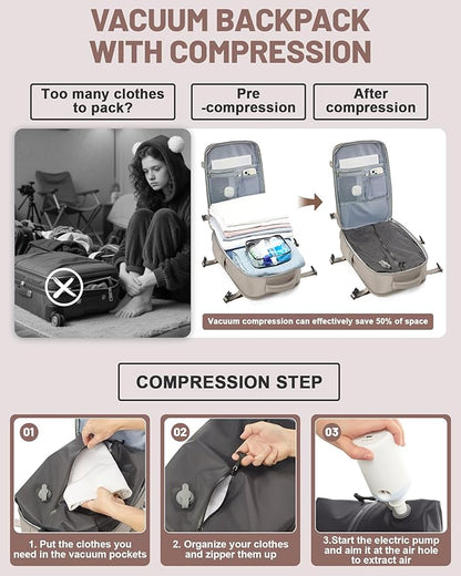 Vacuum Backpack With Pump Large Travel Laptop Backpacks For Women Men Carry On Backpack Vacpack Backpacks With Vacuum Compression Brown