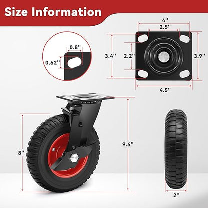 Nefish 8 Inch Heavy Duty Outdoor Casters 2200 LBS, Durable Large Casters Wheels Set of 4, Industrial Grade Rubber Castors with Knobby Tread for Trolley, Industrial and Chicken Coop (2 Brake & 2 Rigid)