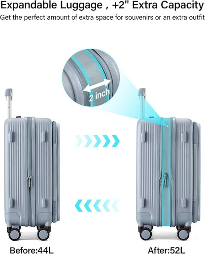 Hanke 20 Inch Expandable Carry On Luggage Airline Approved Top Opening Travel Luggage Rolling Suitcase with Cup Holder Hard Shell Suitcases with Wheels (Grey)