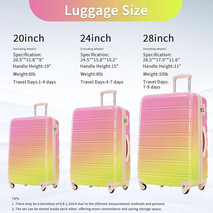 Merax Luggage Sets 3 Piece, Hardside Expandable Suitcase Set with Spinner Wheels, Lightweight Multicolor 20+24+28 IN Suitcase with Carry on Luggage, Gradient Pink