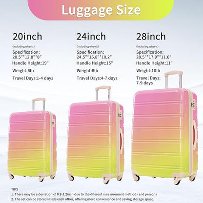 Merax Luggage Sets 3 Piece, Hardside Expandable Suitcase Set with Spinner Wheels, Lightweight Multicolor 20+24+28 IN Suitcase with Carry on Luggage, Gradient Pink