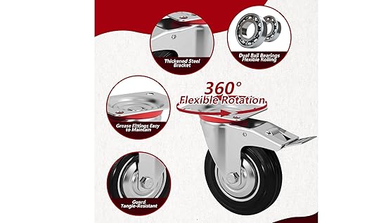 3 Inch Caster Wheels Set of 4, Heavy Duty Casters with Brake, Rubber Locking Casters for Cart, Workbench,Black (3" 4Pack with Brake, 8)