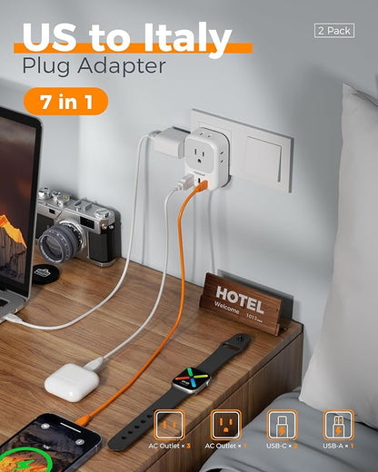 Italy Travel Plug Adapter 2 Pack, TESSAN Type L Adapter for Travel with 4 Outlets 3 USB (2 USB-C), Power Adaptor for US to Italy Chile Rome Uruguay Milan Libya