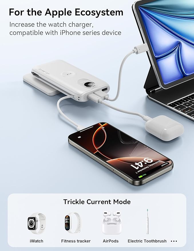 Portable Charger, 10000mAh 22.5W Fast Charging Power Bank with Built in Cable & Wall Plug, Travel Essential Battery Pack with LED Display, External Charger for iPhone 17/16, iWatch 11/10/9/8/Ultra/SE