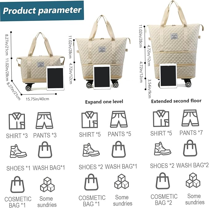 Rolling Duffle Bag with Wheels and Handle, Expandable Foldable Luggage Bag Beige