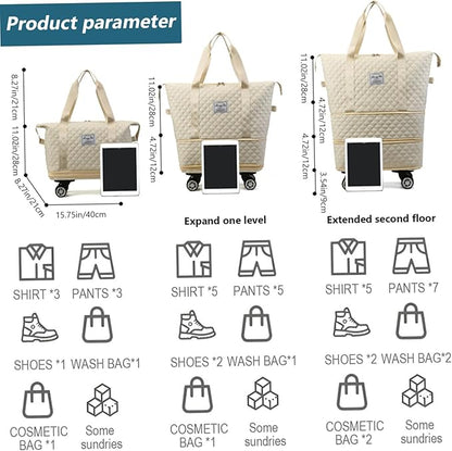 Rolling Duffle Bag with Wheels and Handle, Expandable Foldable Luggage Bag Beige
