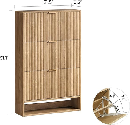 Oak Tall Shoe Storage Cabinet for Entryway with 3 Flip Drawers, Fluted Slim Shoe Cabinet, Free Standing Wooden Shoes Organizer for Foyer, Hallway