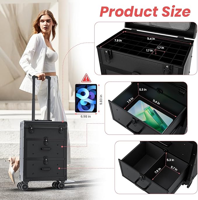 Large Rolling Makeup Train Case, Professional Travel Cosmetology Case on Wheels with Drawers, 3 Tiers Nail Organizers Storage Case for Nail Tech, Tattoo, Hairstylist, Makeup, Large